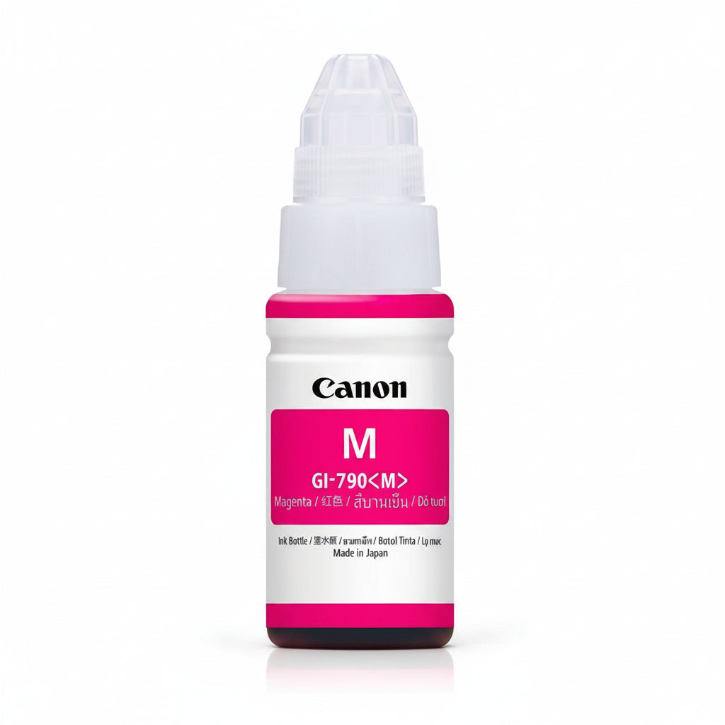 Canon ink bottle with magenta label on a white background