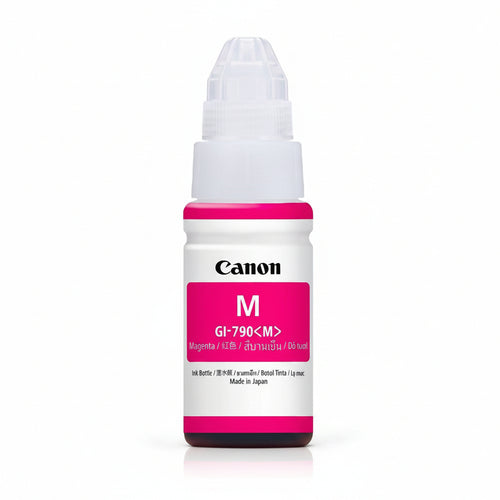 Canon ink bottle with magenta label on a white background