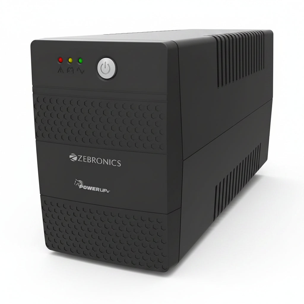 Black UPS (Uninterruptible Power Supply) device with Zebronics branding on a white background